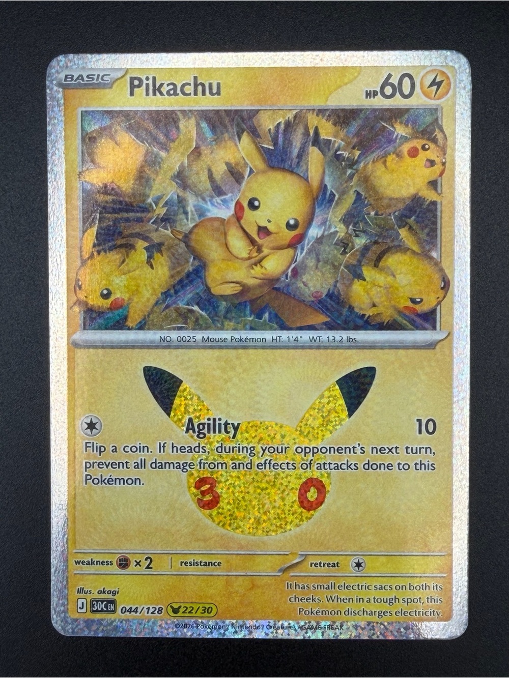 Pikachu 044/128 (22/30) Holo Pikachu Rare ME: 30th Celebration Pokemon TCG